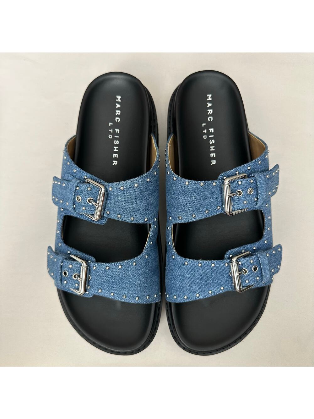 Marc Fisher Agusta Double Buckle Studded Denim Platform Slide Sandal Size 10 NIB